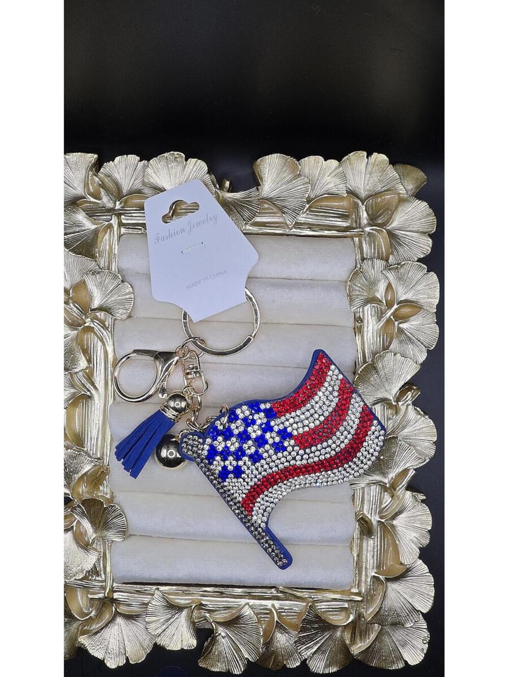 Patriotic Rhinestone American Flag Keychain with Tassel